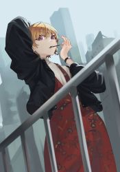Rule 34 | 1girl, arm over head, blonde hair, building, city, commentary request, dress, earrings, eyelashes, fang, floral print, food, guard rail, idolmaster, idolmaster shiny colors, jacket, jewelry, looking at viewer, pocky, purple eyes, saijo juri, short hair, solo, tobetonbii, turtleneck, watch, wristwatch