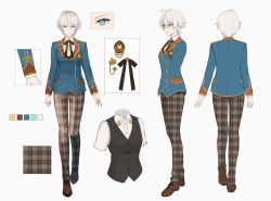 Rule 34 | 1girl, absurdres, aqua eyes, black vest, blue eyes, blue jacket, breasts, character sheet, clenched hand, close-up, from behind, highres, jacket, looking ahead, multiple views, nijisanji, nijisanji kr, official art, oh jiyu, open hand, pants, plaid, plaid pants, reverse trap, shiba 0, short hair, small breasts, smile, unmoving pattern, vest, virtual youtuber, white background, white hair