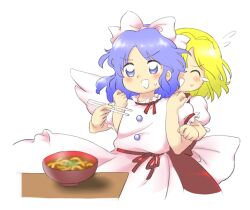 Rule 34 | 2girls, :d, ^ ^, back bow, blonde hair, blue eyes, blue hair, bow, bowl, brown dress, brown ribbon, chopsticks, closed eyes, dress, flat chest, flying sweatdrops, hair bow, holding, holding chopsticks, light blue hair, locked arms, mai (touhou), multiple girls, nonamejd, official style, open mouth, parted bangs, puffy short sleeves, puffy sleeves, ribbon, short hair, short sleeves, simple background, smile, tears, touhou, touhou (pc-98), v-shaped eyebrows, white background, white bow, white dress, white wings, wings, yuki (touhou), zun (style)