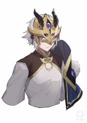 Rule 34 | 1boy, armor, blue eyes, chinese armor, chinese clothes, cleavage cutout, closed mouth, clothing cutout, fate/grand order, fate (series), grey hair, highres, horned mask, horns, jewelry, mask, pom pom (clothes), prince of lan ling (fate), ribbon, single horn