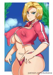 Rule 34 | 1girl, android 18, blonde hair, breasts, covered erect nipples, dragon ball, duo kawa, large breasts, solo