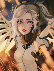 Rule 34 | 1girl, bad id, bad pixiv id, blonde hair, blood, blood on face, blue eyes, bodysuit, breasts, embers, eyeliner, halo, high ponytail, highres, lips, lipstick, long hair, looking at viewer, makeup, mechanical halo, mechanical wings, medium breasts, mercy (overwatch), messy hair, nose, overwatch, overwatch 1, parted lips, ponytail, red lips, solo, tears, upper body, wings, xiazhengzheng xzz