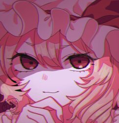 Rule 34 | 1girl, blonde hair, chromatic aberration, close-up, closed mouth, flandre scarlet, hair between eyes, hand on own chin, hat, hat ribbon, light smile, limited palette, looking at viewer, mob cap, one-hour drawing challenge, red ribbon, ribbon, solo, touhou, white hat, zabu rou