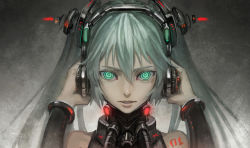 Rule 34 | 1girl, aqua eyes, aqua hair, bare shoulders, bryanth, glowing, glowing eyes, gradient background, hands on headphones, hatsune miku, highres, long hair, long sleeves, looking at viewer, parted lips, ringed eyes, silver hair, solo, tattoo, twintails, upper body, vocaloid