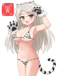 Rule 34 | 1girl, 2022, animal ears, animal hands, animal print, bikini, breasts, chinese zodiac, conte di cavour (kancolle), fake animal ears, fake tail, gloves, grey eyes, junes, kantai collection, large breasts, long hair, navel, paw gloves, print bikini, solo, swimsuit, tail, tiger ears, tiger print, tiger tail, two side up, white background, white hair, year of the tiger