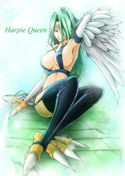 Rule 34 | 1girl, arm behind head, bare shoulders, bird legs, black thighhighs, breasts, brown eyes, character name, circlet, claws, duel monster, feathered wings, feathers, green hair, hair over one eye, harpie queen, harpy, large breasts, long hair, looking at viewer, mice08, monster girl, ponytail, revealing clothes, solo, thighhighs, white feathers, white wings, winged arms, wings, yu-gi-oh!