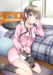 Rule 34 | 1girl, animal, arm support, bed, black socks, blurry, blurry background, blush, bow, breasts, brown hair, closed mouth, collarbone, commentary request, day, depth of field, dog, drawstring, hair bow, highres, hood, hood down, hoodie, indoors, kneehighs, long hair, low twintails, mashiro aa, no shoes, on floor, original, pillow, pink hoodie, purple eyes, red bow, sitting, small breasts, smile, socks, solo, twintails, wariza, window, wooden floor