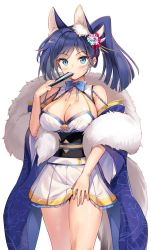 Rule 34 | animal ear fluff, animal ears, aqua eyes, azur lane, bare shoulders, blue hair, breasts, cleavage, clothing cutout, commentary request, detached sleeves, dress, folding fan, fox ears, fox tail, fur trim, hair ornament, hand fan, highres, holding, holding fan, japanese clothes, jintsuu (azur lane), kiyosato 0928, large breasts, looking at viewer, neck ribbon, ponytail, print dress, ribbon, side ponytail, simple background, skirt, solo, tail, thighs, white background, wide sleeves