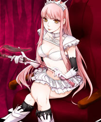 Rule 34 | 1girl, breasts, cleavage, crossed legs, elbow gloves, fate/grand order, fate (series), gloves, highres, holding, holding riding crop, lips, long hair, medb (fate), medium breasts, navel, pink hair, riding crop, skirt, solo, yellow eyes