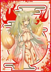 Rule 34 | 1girl, animal ears, breast hold, breasts, cleavage, fang, fangs, fox, fox ears, fox tail, japanese clothes, kimono, large breasts, long hair, navel, no panties, open clothes, open kimono, open mouth, pen (pen3), pubic tattoo, smile, solo, tail, tattoo, underboob