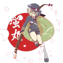 Rule 34 | 10s, 1boy, bad id, bad pixiv id, character name, cherry blossoms, green eyes, hair flaps, hat, hotarumaru, licking lips, male focus, ootachi, ouno, peaked cap, shoes, short hair, shorts, socks, solo, tongue, tongue out, touken ranbu