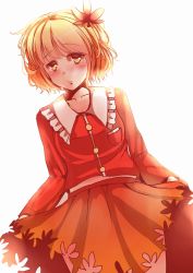 Rule 34 | 1girl, aki shizuha, blonde hair, collarbone, dutch angle, flower, hair flower, hair ornament, highres, kanzakietc, looking at viewer, pout, sad, short hair, simple background, skirt, skirt hold, skirt set, solo, touhou, white background, yellow eyes
