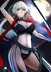 Rule 34 | 1girl, armpit cutout, belt, black bodysuit, bodysuit, braided hair rings, breasts, clothing cutout, covered navel, earrings, fate/grand order, fate/samurai remnant, fate (series), full moon, green eyes, hair ribbon, highres, jewelry, jikihatiman, katana, large breasts, long hair, looking at viewer, moon, night, night sky, ponytail, ribbon, sidelocks, sky, solo, sword, thigh cutout, thighs, two-tone bodysuit, weapon, white bodysuit, white hair, yui shousetsu (fate), yui shousetsu (first ascension) (fate)