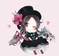 Rule 34 | 1girl, bad id, bad pixiv id, black dress, black hat, blue ribbon, bow, brown background, brown hair, chibi, cottontailtokki, dress, feathered wings, full body, gloves, grey wings, hair ribbon, hat, heart, long hair, looking at viewer, no shoes, one eye closed, original, pink bow, pointy ears, puffy sleeves, purple ribbon, red eyes, ribbon, simple background, socks, solo, striped clothes, striped socks, top hat, very long hair, white gloves, wings