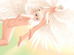 Rule 34 | 00s, 1boy, 1girl, after (game), angel, angel wings, aqua eyes, ass, barefoot, blonde hair, breasts, cypher (after), feet, foreshortening, from below, game cg, green eyes, jpeg artifacts, long hair, looking down, luie, nipples, nude, outstretched hand, reaching, ruu (after), short hair, short twintails, sideboob, smile, tony taka, twintails, white theme, wings