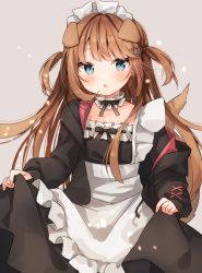 Rule 34 | 1girl, :o, animal ears, black bow, black bowtie, black dress, blue eyes, blush, bow, bowtie, brown hair, cowboy shot, detached collar, dog ears, dog girl, dog tail, dress, dress bow, extra ears, frilled dress, frills, hair ornament, hairclip, heripiro, highres, long hair, long sleeves, looking at viewer, maid, maid headdress, original, simple background, skirt hold, solo, standing, tail, tail raised, two side up, very long hair