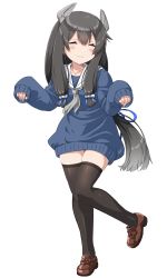 Rule 34 | 1girl, :3, black hair, black thighhighs, blue dress, blue sweater, brown footwear, closed mouth, commentary request, dancing, dd (ijigendd), dress, closed eyes, full body, hair ribbon, headgear, highres, i-47 (kancolle), kantai collection, loafers, long hair, low-tied long hair, ribbon, sailor dress, shoes, sidelocks, simple background, sleeves past wrists, smile, solo, sweater, sweater dress, thighhighs, tress ribbon, white background