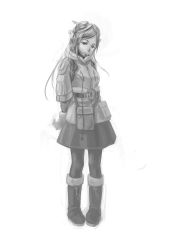 Rule 34 | 10s, 1girl, absurdres, bomber jacket, boots, giselle collette vingt, gloves, goggles, greyscale, headphones, highres, jacket, last exile, last exile: gin&#039;yoku no fam, miniskirt, monochrome, pantyhose, skirt, solo, xiamianliele