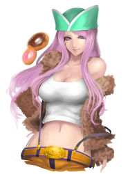 Rule 34 | 1girl, belt, breasts, coat, doughnut, food, fur coat, hand on own hip, hat, highres, jewelry bonney, kumiko shiba, large breasts, lips, long hair, looking at viewer, midriff, navel, nose, off shoulder, one piece, piercing, pink eyes, pink hair, purple eyes, simple background, smile, solo, strap slip, suspenders, white background