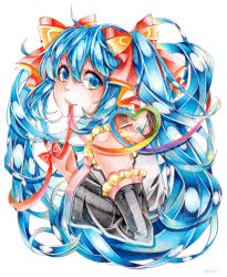 Rule 34 | 1girl, aqua eyes, aqua hair, bow, detached sleeves, hair bow, hatsune miku, highres, long hair, looking at viewer, mouth hold, nou (nounknown), pinky out, smile, solo, twintails, very long hair, vocaloid