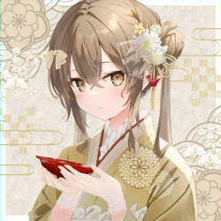 Rule 34 | 1girl, bow, brown background, brown eyes, brown hair, brown kimono, closed mouth, commentary request, double bun, egasumi, floral background, flower, furisode, gloves, hair between eyes, hair bun, hair flower, hair ornament, hands up, japanese clothes, kimono, long hair, looking at viewer, omelet tomato, origami, original, paper crane, smile, solo, striped, striped bow, twintails, upper body, white flower, white gloves
