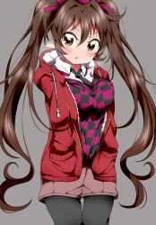 Rule 34 | 1girl, black pantyhose, blush, breasts, brown eyes, brown hair, bwell, checkered clothes, checkered shirt, checkered skirt, commentary request, covered erect nipples, frown, hair ribbon, hands in pockets, highres, himekaidou hatate, jacket, long hair, looking at viewer, medium breasts, open mouth, pantyhose, pointy ears, purple ribbon, red jacket, ribbon, shirt, short shorts, shorts, simple background, skirt, solo, standing, touhou, twintails, very long hair