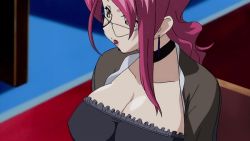 Rule 34 | 00s, 1girl, animated, animated gif, aoi kiriko, between breasts, bouncing breasts, breasts, cellphone, choker, cleavage, cleavage reach, female focus, glasses, jiggle, large breasts, long hair, mature female, phone, pink hair, ponytail, screencap, shinkon gattai godannar!!, sitting, solo, yellow eyes