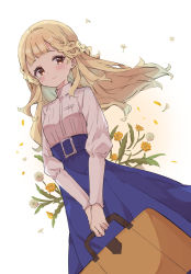 Rule 34 | 1girl, absurdres, blonde hair, blue skirt, blush, braid, breasts, brown eyes, closed mouth, commentary request, floating hair, floral background, flower, high-waist skirt, highres, holding, long hair, long sleeves, looking at viewer, maquia (sayoasa), mola mola, puffy sleeves, sayonara no asa ni yakusoku no hana wo kazarou, shirt, skirt, small breasts, smile, solo, suitcase, very long hair, white background, white flower, white shirt, yellow flower