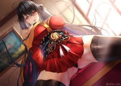 Rule 34 | 1girl, :d, absurdres, ahoge, azur lane, black hair, black panties, black thighhighs, blush, breasts, couch, crossed bangs, drawing (object), dutch angle, hair between eyes, hair ribbon, highres, japanese clothes, kimono, kimono skirt, large breasts, long hair, miniskirt, misa pika, obi, off shoulder, on couch, open mouth, panties, pantyshot, picture frame, pleated skirt, red eyes, red ribbon, red skirt, ribbon, sash, sitting, skirt, smile, solo, spread legs, sunlight, taihou (azur lane), thighhighs, thighs, twintails, twitter username, underwear, very long hair, window