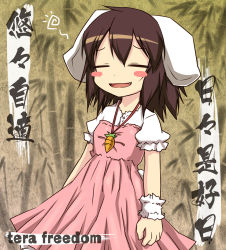 Rule 34 | 1girl, = =, animal ears, bamboo, bamboo forest, blush, blush stickers, brown hair, carrot, dress, english text, fang, female focus, forest, grin, highres, inaba tewi, jewelry, nature, necklace, noya makoto, pendant, rabbit ears, rabbit girl, rabbit tail, short hair, smile, solo, tail, touhou, translation request, wrist cuffs