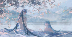 Rule 34 | 2girls, artist name, black hair, blue eyes, blue hair, bridge, building, cherry blossoms, commentary, commission, commissioner name, day, english commentary, english text, eyelashes, falling petals, flower, from behind, hair flower, hair ornament, hand in own hair, katana, kuwagatata, long hair, looking at another, mountain, multiple girls, nude, onsen, open mouth, original, outdoors, outstretched hand, petals, pink eyes, pink flower, pointy ears, purple flower, robe, sitting, smile, steam, sword, talking, teeth, tree, undressing, upper body, very long hair, watermark, weapon, white robe