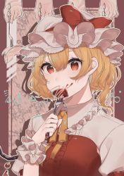 Rule 34 | 1girl, ascot, blonde hair, blood, blood on face, border, bow, brown border, commentary request, crystal, disembodied hand, eating, eyelashes, flandre scarlet, floral background, fork, frilled shirt, frilled shirt collar, frilled sleeves, frills, hat, hat ribbon, highres, laspberry., medium hair, messy, mob cap, one side up, pixelated, puffy short sleeves, puffy sleeves, red bow, red eyes, red ribbon, red skirt, red vest, ribbon, shirt, short sleeves, side ponytail, skirt, solo, tareme, touhou, vest, white shirt, wings, wrist cuffs, yellow ascot