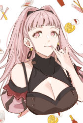 Rule 34 | 1girl, bare shoulders, breasts, cleavage, commentary request, fire emblem, fire emblem: three houses, hand up, highres, hilda valentine goneril, kh (tanakananataka), large breasts, long hair, looking at viewer, nintendo, pink eyes, pink hair, pinky out, puffy sleeves, smile, solo, upper body, white background