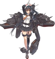 Rule 34 | 1girl, absurdres, arms up, belt, black belt, black hair, black jacket, black sailor collar, black skirt, black thighhighs, buttons, closed mouth, collared shirt, cropped jacket, full body, gloves, hair between eyes, highres, jacket, kantai collection, konishi (koconatu), long hair, long sleeves, machinery, official art, pleated skirt, ponytail, red eyes, rigging, rudder footwear, sailor collar, shirt, single thighhigh, skirt, smile, solo, thighhighs, transparent background, turret, very long hair, white gloves, white shirt, yahagi (kancolle), yahagi kai ni (kancolle)