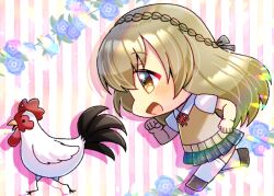 Rule 34 | 1girl, animal, bird, blue flower, blue rose, blush, braid, brown eyes, brown footwear, brown hair, chibi, chicken, collared shirt, commentary request, commission, drop shadow, flower, from side, grey skirt, hair between eyes, kou hiyoyo, long hair, neck ribbon, original, plaid, plaid skirt, pleated skirt, profile, red ribbon, ribbon, rose, running, shirt, shoes, skeb commission, skirt, solo, striped background, sweater vest, thighhighs, very long hair, white shirt, white thighhighs