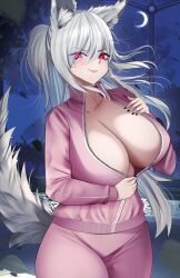 Rule 34 | 1girl, animal ear fluff, animal ears, black nails, breasts, cleavage, cloud, collarbone, commission, cowboy shot, crescent moon, discordia (vtuber), eyes visible through hair, falling leaves, fox ears, fox girl, fox tail, gdat, grey hair, hair between eyes, highres, jacket, large breasts, leaf, long hair, moon, night, night sky, pants, parted lips, partially unzipped, pink eyes, pink jacket, pink pants, ponytail, sky, solo, tail, track suit, vfleet, virtual youtuber, zipper pull tab