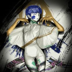 Rule 34 | 1other, androgynous, bad id, bad pixiv id, blue hair, blunt bangs, closed eyes, commentary request, gold, golden arms, harari, highres, houseki no kuni, long sleeves, open mouth, paint, phosphophyllite (ll), short hair, solo, spoilers, wide sleeves