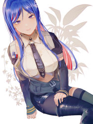 Rule 34 | 1girl, black skirt, black thighhighs, blue hair, breasts, closed mouth, commentary, crop top, detached sleeves, female focus, highres, invisible chair, kantai collection, kouga (mutsumi), large breasts, long hair, looking at viewer, multicolored hair, necktie, purple eyes, red hair, shirt, simple background, single leg pantyhose, single thighhigh, sitting, skirt, smile, solo, south dakota (kancolle), star (symbol), thighhighs, white hair, white shirt