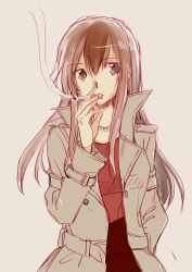Rule 34 | 10s, 1girl, akagi (kancolle), alternate costume, black eyes, brown hair, buttons, cigarette, coat, cowboy shot, hair over shoulder, hand in pocket, jewelry, kantai collection, long hair, long sleeves, necklace, ornament, sanpachishiki (gyokusai-jima), simple background, smoke, smoking, solo, straight hair, trench coat