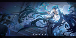 Rule 34 | 1girl, absurdly long hair, absurdres, backless dress, backless outfit, black border, blue eyes, blue footwear, blue hair, blurry, blurry foreground, border, character name, closed mouth, detached sleeves, diadem, dress, floating hair, flower pot, hatsune miku, high heels, highres, letterboxed, liuzexiong, long hair, long sleeves, pumps, short dress, smile, solo, stairs, thighhighs, title, twintails, very long hair, vocaloid, white sleeves, white thighhighs