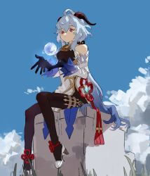 Rule 34 | 1girl, absurdres, ankle strap, bare shoulders, bell, black bodysuit, black gloves, black pantyhose, blue hair, blue sky, bodysuit, cloud, colored eyelashes, cowbell, detached sleeves, from below, full body, ganyu (genshin impact), genshin impact, gloves, highres, horns, kurattes, long hair, looking at viewer, outdoors, pantyhose, red eyes, sidelocks, sitting, sky, solo, thigh strap, very long hair, vision (genshin impact)