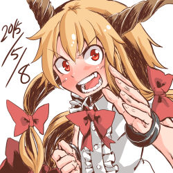 Rule 34 | 1girl, angry, bow, brown hair, cuffs, fang, fighting stance, hair bow, highres, horns, ibuki suika, long hair, open mouth, red eyes, shackles, solo, teeth, the maa, touhou, very long hair