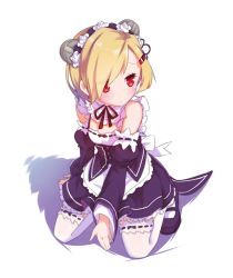 Rule 34 | 10s, 1girl, apron, arm at side, arm garter, between legs, black dress, black footwear, black ribbon, blonde hair, blush, breasts, bun cover, closed mouth, cosplay, detached sleeves, dress, eyelashes, frilled thighhighs, frills, full body, graf spee (warship girls r), hair ornament, hair over one eye, hairband, hairclip, hand between legs, highres, kneeling, looking away, looking to the side, maid, mary janes, mkiiiiii, neck ribbon, re:zero kara hajimeru isekai seikatsu, red eyes, rem (re:zero), rem (re:zero) (cosplay), ribbon, shadow, shoes, short hair, simple background, small breasts, solo, thighhighs, underbust, waist apron, warship girls r, white apron, white background, white thighhighs