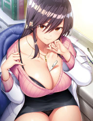 Rule 34 | 1girl, anza tomo, between breasts, black bra, black panties, black skirt, book, bra, breasts, brown eyes, brown hair, chair, cleavage, closed mouth, clothes pull, coat, collarbone, desk, digital thermometer, hair between eyes, highres, jewelry, lab coat, large breasts, long hair, long sleeves, looking at viewer, necklace, non-web source, original, panties, pink sweater, ribbed sweater, shelf, shirt pull, sidelocks, sitting, skirt, smile, solo, sweater, thermometer, thighs, underwear, white coat