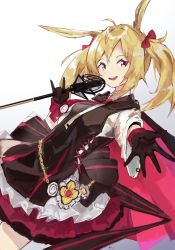 Rule 34 | 1girl, :d, absurdres, ahoge, animal ears, arknights, black gloves, blonde hair, bow, breasts, chain, cowboy shot, dress, elite ii (arknights), female focus, genieko, gloves, gold chain, hair bow, highres, holding, holding microphone, layered dress, long hair, long sleeves, looking at viewer, microphone, multicolored clothes, multicolored dress, necktie, open mouth, outstretched arm, rabbit ears, red bow, red eyes, red necktie, simple background, smile, solo, sora (arknights), sora (elite ii) (arknights), white background