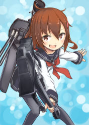 Rule 34 | 10s, 1girl, :d, anchor, brown eyes, brown hair, fang, hair ornament, hairclip, highres, ikazuchi (kancolle), kantai collection, looking at viewer, machinery, motorii, open mouth, pantyhose, personification, school uniform, serafuku, sleeves past wrists, smile, solo, turret