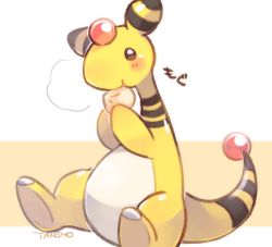 Rule 34 | ampharos, blush, brown eyes, closed mouth, commentary request, creatures (company), eating, food, game freak, gen 2 pokemon, holding, holding food, nintendo, no humans, pokemon, pokemon (creature), signature, sitting, solo, tansho