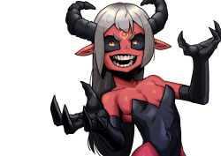 Rule 34 | 1girl, absurdres, bad id, bad pixiv id, bare shoulders, black gloves, black horns, black sclera, claws, cocomayo29 (tomato), collarbone, colored sclera, colored skin, covered navel, demon girl, demon horns, elbow gloves, facial mark, fingernails, gloves, highres, horns, leotard, long fingernails, long hair, nontraditional playboy bunny, open mouth, orange eyes, original, playboy bunny, pointy ears, red skin, sharp fingernails, simple background, smile, solo, teeth, white background