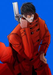 Rule 34 | 1boy, absurdres, agl arms .45 long colt, black hair, blue background, break-action revolver, coat, cosplay, gun, hair between eyes, handgun, highres, holding, holding gun, holding weapon, ishinome ksk, low bore axis revolver, male focus, nicholas d. wolfwood, red coat, revolver, simple background, solo, sunglasses, tongue, tongue out, trigun, vash the stampede, vash the stampede (cosplay), weapon