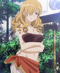 Rule 34 | 1girl, blonde hair, breasts, cleavage, crop top, crossed arms, drill hair, groin, hair over one eye, large breasts, long hair, oriana thomason, sarong, smirk, solo, tagme, toaru majutsu no index